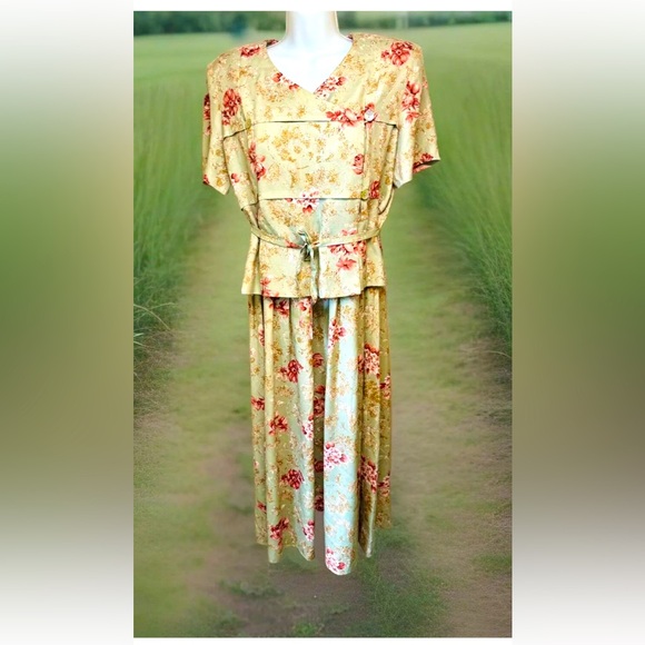 🌹KARIN STEVENS🌹 VTG FLORAL ATTACHED JACKET MULTI LOOKS PEARL BUTTON TEA DRESS - Picture 3 of 13